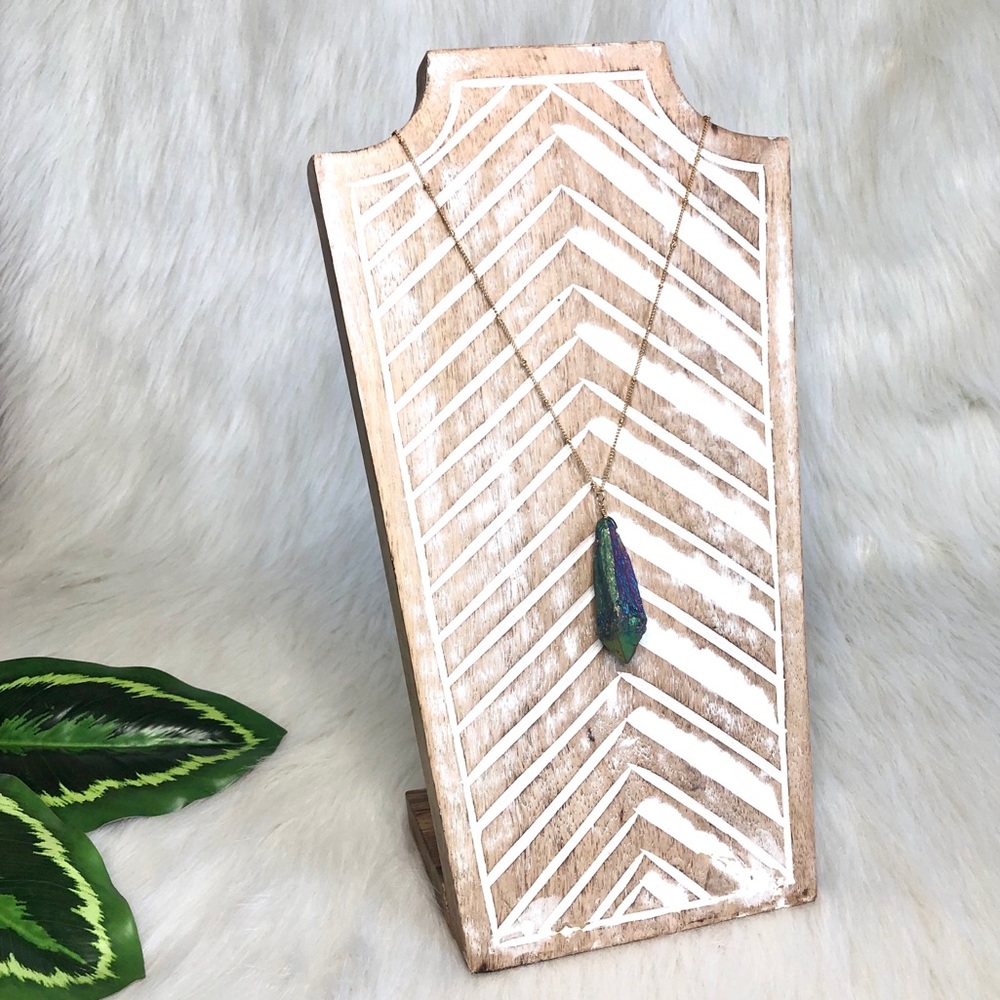 Iridescent Natural Stone Necklace with Gold Tone Chain